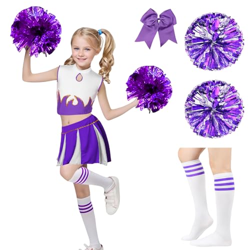 Celvibe Cheerleader Kostüm Mädchen, Cheerleadering Outfit Uniform mit Pompoms, Cheer Outfit für Kinder Karneval Halloween,Fasching,Mottoparty (Lila, 150) von Celvibe