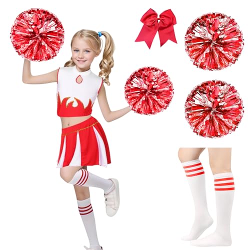 Celvibe Cheerleader Kostüm Mädchen, Cheerleadering Outfit Uniform mit Pompoms, Cheer Outfit für Kinder Karneval Halloween,Fasching,Mottoparty (Rot, 120) von Celvibe