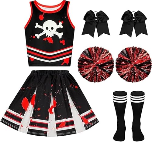 Celvibe Cheerleader Piraten Kostüm Kinder Mädchen, Halloween Gruseliger Blutiger Cheerleader Outfits mit Bluse Hemd Kurzer Rock Schwarz Strümpfe für Halloween Karnevals Cosplay (Schwarz, 150) von Celvibe