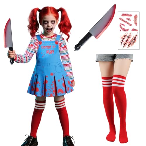 Celvibe Chucky Kostüm für Mädchen, Halloween Outfit Kinder Killer Puppe Rock Mädchen mit Gestreift Langärmelig Oberteil Strapsroc für Halloween Karneval Mottoparty Cosplay Party (Blau, 130) von Celvibe