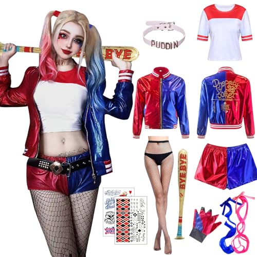Celvibe Cosplay Kostüme für Erwachsene Kinder, Mädchen Bösewicht Suicide Kostüm Kit enthalten Jacke, T-Shirt, Shorts und Handschuh für Halloween Karneval Cosplay(Rot, 150) von Celvibe