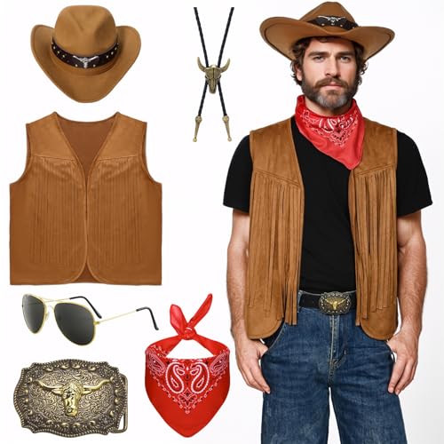 Celvibe Cowboy Kostüm für Herren, Western Cowboy Kostüm Set mit Fransenweste Hut Halstuch Brille, Herren Hippie Kostüm für Karneval Halloween Cosplay (Braun, 2XL) von Celvibe
