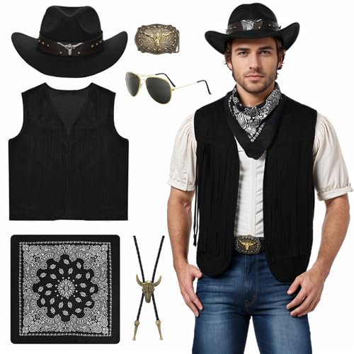 Celvibe Cowboy Kostüm für Herren, Western Cowboy Kostüm Set mit Fransenweste Hut Halstuch Brille, Herren Hippie Kostüm für Karneval Halloween Cosplay (Schwarz, 2XL) von Celvibe