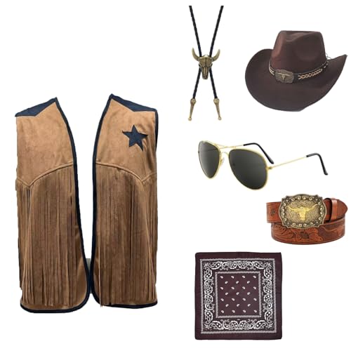 Celvibe Cowboy-Kostüm für Männer Cowboykostüm, Set mit Quastenweste, Hut, Halstuch, Brille, Herren Hippie-Kostüm für Fasching, Halloween, Cosplay (Men, XXL) von Celvibe