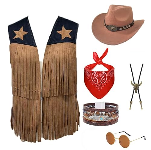 Celvibe Cowboy-Kostüm für Männer Cowboykostüm, Set mit Quastenweste, Hut, Halstuch, Brille, Herren Hippie-Kostüm für Fasching, Halloween, Cosplay (Women, L) von Celvibe
