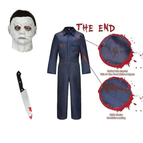 Celvibe Halloween Killer Cosplay Kostüm Herren Horror Overall Jumpsuit Erwachsene Männer Set mit Maske Grusel Requisiten für Halloween, Karneval Cosplay Party Deko (Blau, S) von Celvibe