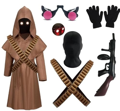 Celvibe Halloween Kostüm für Kinder, Cosplay Robe Outfit mit Kapuzen, Gürtel, Handschuhe Jawa Outfit für Halloween Karneval Fasching Kleidung Dress up Prop (Braun, 140) von Celvibe