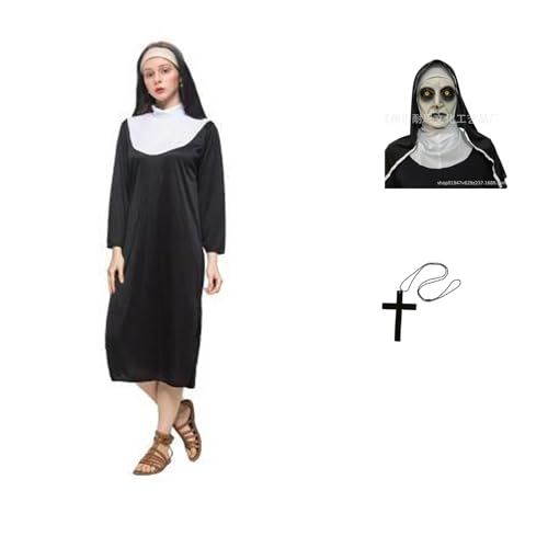 Celvibe Horror Halloween Nonne Kostüm Scary Nonne Outfit mit Kapuze Gruselige Maske, Halloween Nonne Geist Gespenst Kleidung für Damen Erwachsene Cosplay Party (Schwarz, XL) von Celvibe