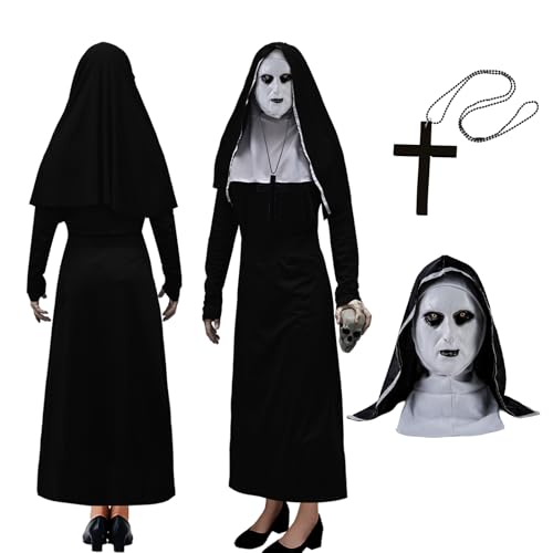 Celvibe Horror Halloween Nonne Kostüm Scary Nonne Outfit mit Kapuze Gruselige Maske, Halloween Nonne Geist Gespenst Kleidung für Damen Erwachsene Cosplay Party (Schwarz 2, XL) von Celvibe