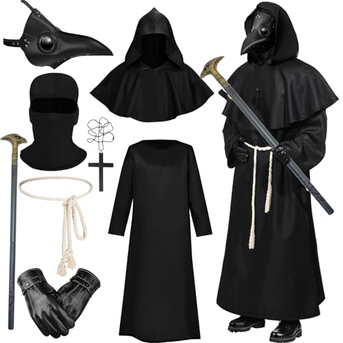 Celvibe Pestarzt Kostüme mit Kapuze Erwachsene, Schwarzer Kapuzenmantel mit Ledermasken, Mittelalterliches Renaissance Steampunk Kostüm für Halloween Cosplay (Schwarz, M) von Celvibe