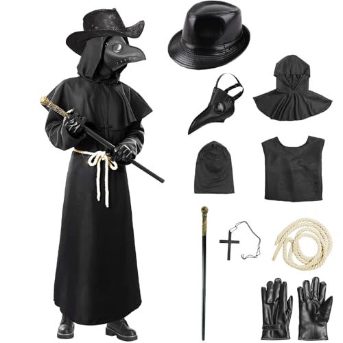 Celvibe Pestarzt Kostüme mit Kapuze Erwachsene, Schwarzer Kapuzenmantel mit Ledermasken, Mittelalterliches Renaissance Steampunk Kostüm für Halloween Cosplay (Schwarz, XXL) von Celvibe