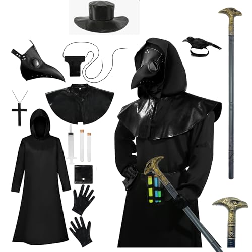 Celvibe Pestarzt Kostüme mit Kapuze Erwachsene, Schwarzer Kapuzenmantel mit Ledermasken, Mittelalterliches Renaissance Steampunk Kostüm für Halloween Cosplay (Schwarz 1, S) von Celvibe