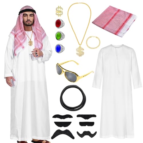 Celvibe Scheich Kostüm für Herren Kinder, Araber Kostüm mit Kopftuch, Arabisches Weißes Gewand, Faschingskostüme Männer Jungen für Karneval Cosplay Party (Weiß, 62) von Celvibe