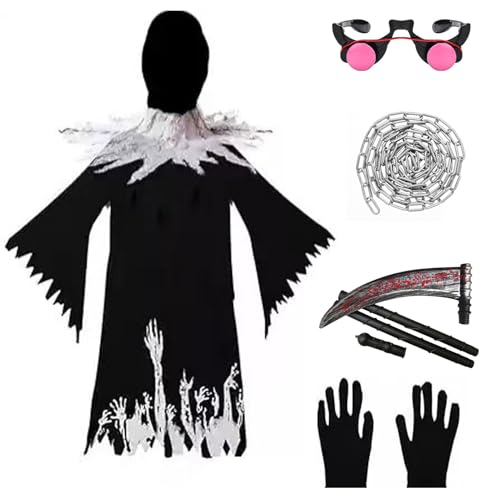 Celvibe Sensenmann Halloween Tod Kostüm für Erwachsener Kinder Herren, 8 Pcs Cosplay Kostüm Sensenmann Umhang Set mit Kapuze (Schwarz, 120) von Celvibe