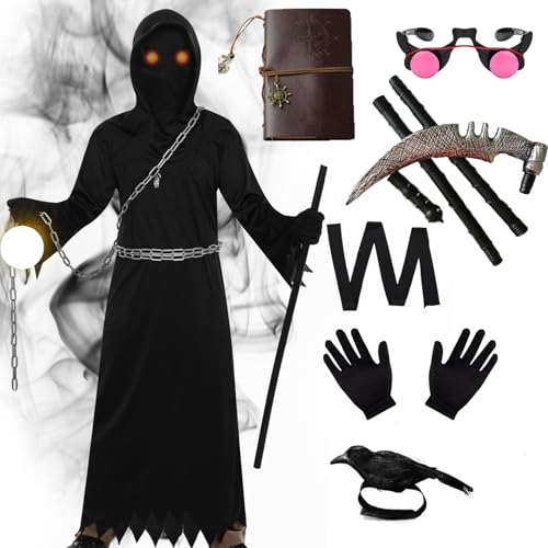 Celvibe Sensenmann Halloween Tod Kostüm für Erwachsener Kinder Herren, 8 Pcs Cosplay Kostüm Sensenmann Umhang Set mit Kapuze (Schwarz-Adult, M) von Celvibe