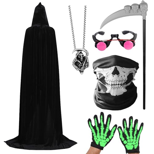 Celvibe Sensenmann Kostüm Herren, Halloween Kostüm Schwarzer Umhang Set mit Totenkopfmaske Skelett Handschuhen, Halloween Umhang mit Kapuze Erwachsene für Halloween Party Cosplay (Schwarz, 170) von Celvibe