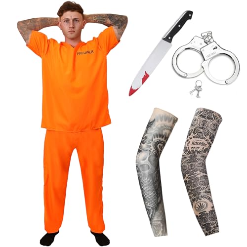 Celvibe Sträfling Kostüm Erwachsener Orange, Häftling Kostüm Herren Damen, Gefangene Kostüm mit Realistische Requisiten, Knast Kostüm für Halloween Cosplay Mottoparty (Orange Style 1, 2XL) von Celvibe