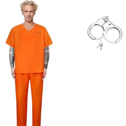 Celvibe Sträfling Kostüm Erwachsener Orange, Häftling Kostüm Herren Damen, Gefangene Kostüm mit Realistische Requisiten, Knast Kostüm für Halloween Cosplay Mottoparty (Orange Style 2, 2XL) von Celvibe
