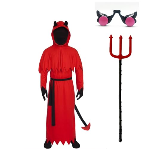 Celvibe Teufel Kostüm für Kinder, Halloween Vampir Umhang Set Rot Teufel Jumpsuit mit Teufelsgabel Brille Zubehör für Satan Unisex Halloween Karneval Cosplay Party (Rot, XL) von Celvibe