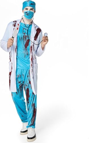 Celvibe Zombie Arzt Kostüm Herren Set, Halloween Horror Chirurg Outfit mit Arztkittel, Oberteil, Hose, Maske für Halloween Arztkittel Party Karneval Deko (Grün, L) von Celvibe