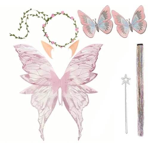 Feenflügel Kostüm Schmetterlingsflügel Prinzessinnenflügel für Kinder Damen mit Elfenöhren, Blumenkranz, Feen Flügel Feenstab, für Geburtstags Weihnachts Karneval Geburtstags Cosplay Party (Rosa) von Celvibe