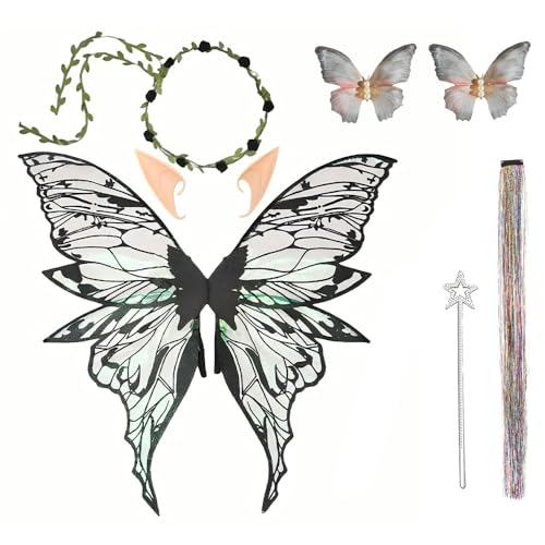 Feenflügel Kostüm Schmetterlingsflügel Prinzessinnenflügel für Kinder Damen mit Elfenöhren, Blumenkranz, Feen Flügel Feenstab, für Geburtstags Weihnachts Karneval Geburtstags Cosplay Party (Schwarz) von Celvibe