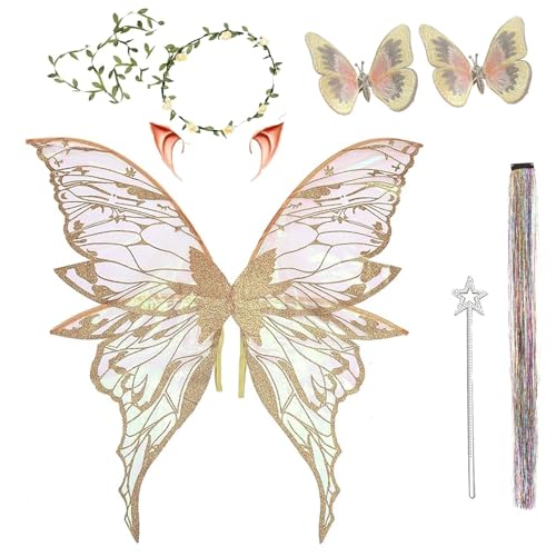 Feenflügel Kostüm Schmetterlingsflügel Prinzessinnenflügel für Kinder Damen mit Elfenöhren, Blumenkranz, Feen Flügel Feenstab, für Geburtstags Weihnachts Karneval Geburtstags Cosplay Party (Gold) Feenflügel Kostüm Schmetterlingsflügel Prinzessinnenflügel für Kinder Damen mit Elfenöhren, Blumenkranz, Feen Flügel Feenstab, für Geburtstags Weihnachts Karneval Geburtstags Cosplay Party (Gold) von Celvibe