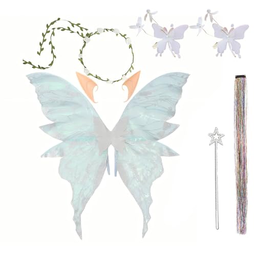 Feenflügel Kostüm Schmetterlingsflügel Prinzessinnenflügel für Kinder Damen mit Elfenöhren, Blumenkranz, Feen Flügel Feenstab, für Geburtstags Weihnachts Karneval Geburtstags Cosplay Party (Silber) von Celvibe