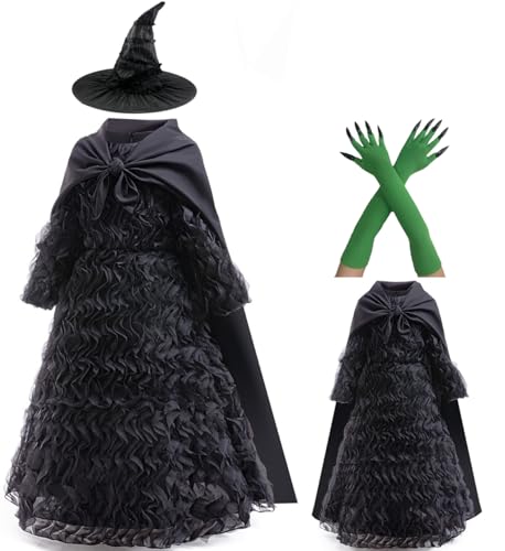Cemaxjo Mädchen Elphaba Kostüm Kleid Robe Hut Anime Glinda Elphaba Cosplay Puffy Rock Cape for Halloween Uniform (Black - 1, X-Large) von Cemaxjo
