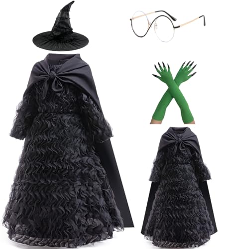 Cemaxjo Mädchen Elphaba Kostüm Kleid Robe Hut Anime Glinda Elphaba Cosplay Puffy Rock Cape for Halloween Uniform (Black - 2, X-Small) von Cemaxjo