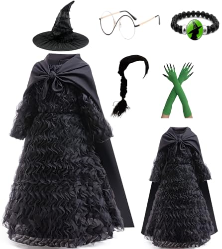 Cemaxjo Mädchen Elphaba Kostüm Kleid Robe Hut Anime Glinda Elphaba Cosplay Puffy Rock Cape for Halloween Uniform (Black - 3, X-Small) von Cemaxjo