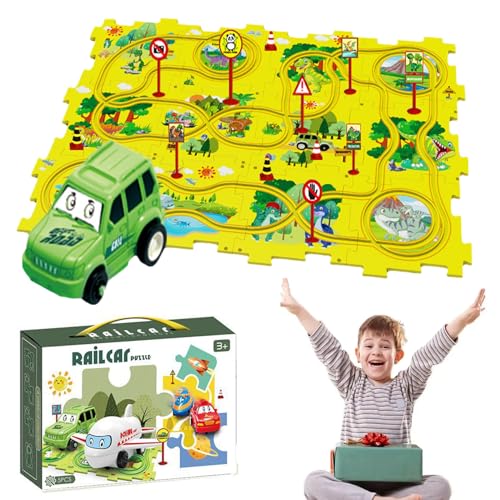 Puzzle Racer Kids Car Track Set, Puzzle Racer Car Track, Puzzle Track Car Play Set, for Kids Christmas Birthday Gifts (Dinosaur,1 Car+12 Puzzles+12 Signposts) von Cemssitu