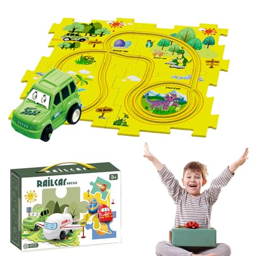 Puzzle Racer Kids Car Track Set, Puzzle Racer Car Track, Puzzle Track Car Play Set, for Kids Christmas Birthday Gifts (Dinosaur,1 Car+4 Puzzles) von Cemssitu