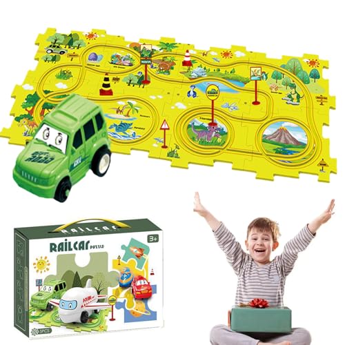 Puzzle Racer Kids Car Track Set, Puzzle Racer Car Track, Puzzle Track Car Play Set, for Kids Christmas Birthday Gifts (Dinosaur,1 Car+8 Puzzles+6 Signposts) von Cemssitu