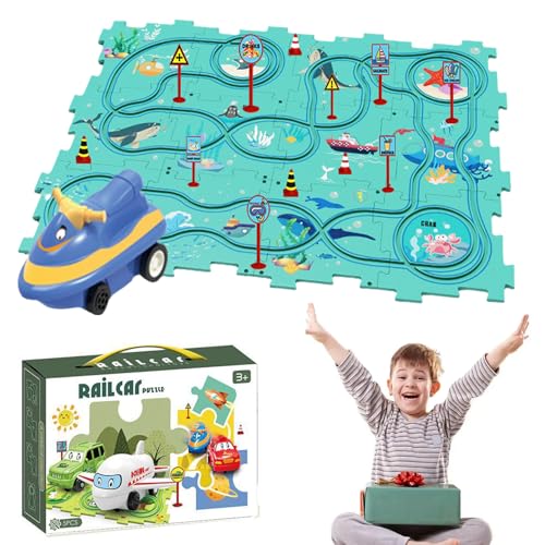 Puzzle Racer Kids Car Track Set, Puzzle Racer Car Track, Puzzle Track Car Play Set, for Kids Christmas Birthday Gifts (Ocean,1 Car+12 Puzzles+12 Signposts) von Cemssitu