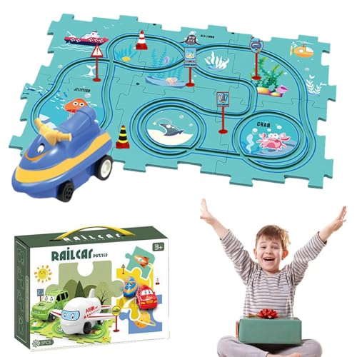 Puzzle Racer Kids Car Track Set, Puzzle Racer Car Track, Puzzle Track Car Play Set, for Kids Christmas Birthday Gifts (Ocean,1 Car+6 Puzzles+6 Signposts) von Cemssitu