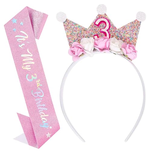 3 Jahr Geburtstagskrone Schärpe Set für Mädchen, Krone Geburtstag mit Rose Blumen, Geburtstagsdeko Mädchen 3 Jahr, Party Deko Hut für Kindergeburtstag, Prinzessin Stirnband für Kinder Geburtstag Party von CensuobOB