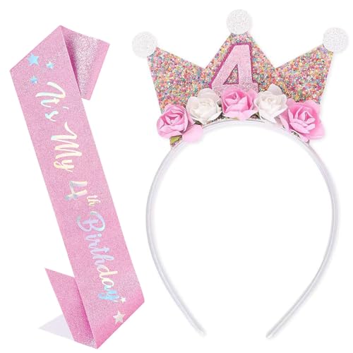 4 Jahr Geburtstagskrone Schärpe Set für Mädchen, Krone Geburtstag mit Rose Blumen, Geburtstagsdeko Mädchen 4 Jahr, Party Deko Hut für Kindergeburtstag, Prinzessin Stirnband für Kinder Geburtstag Party von CensuobOB