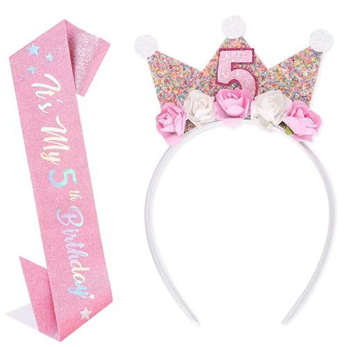 5 Jahr Geburtstagskrone Schärpe Set für Mädchen, Krone Geburtstag mit Rose Blumen, Geburtstagsdeko Mädchen 5 Jahr, Party Deko Hut für Kindergeburtstag, Prinzessin Stirnband für Kinder Geburtstag Party von CensuobOB
