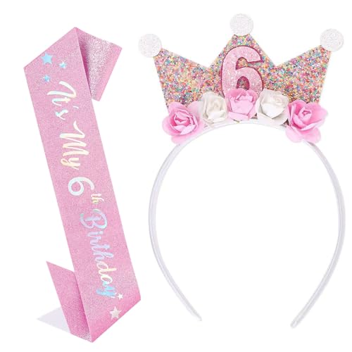 6 Jahr Geburtstagskrone Schärpe Set für Mädchen, Krone Geburtstag mit Rose Blumen, Geburtstagsdeko Mädchen 6 Jahr, Party Deko Hut für Kindergeburtstag, Prinzessin Stirnband für Kinder Geburtstag Party von CensuobOB