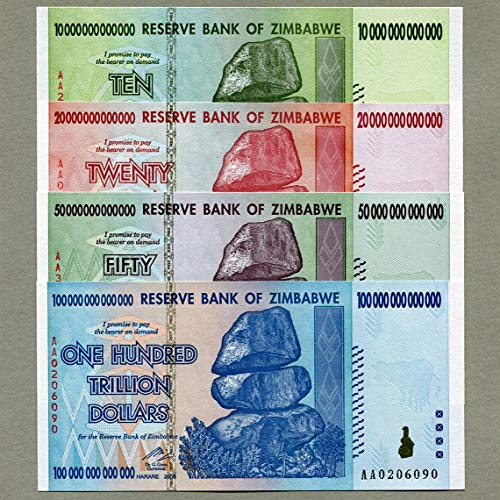 Geldschein-Sammlung für pädagogische Zwecke, 100, 50, 20 und 10 Trillion Dollar Scheine aus Zimbabwe, Inflations-Rekord, Währung, Banknoten von Central Bank of Zimbabwe