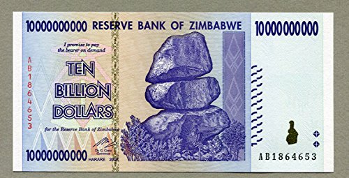 Simbabwe 10 Billion Dollar Banknote Bill Money Inflation Record Currency Note von Central Bank of Zimbabwe