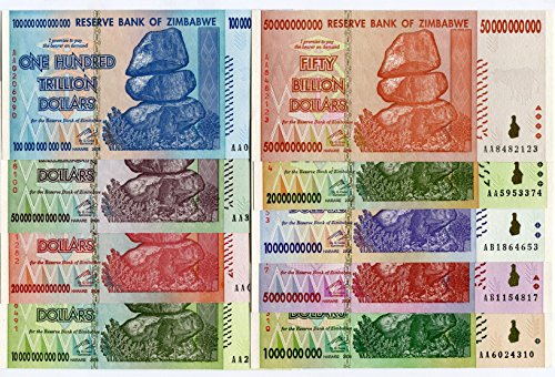 Zimbabwe 10, 20, 50, 100 Trillion, 1, 5, 10, 20, 50 Billion Dollar, currency 2008 banknotes bills World inflation record 9 notes set by RBZ Zimbabwe 10, 20, 50, 100 Trillion, 1, 5, 10, 20, 50 Billion Dollar, currency 2008 banknotes bills World inflation record 9 notes set by RBZ von Central Bank of Zimbabwe