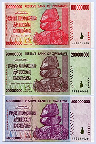 Zimbabwe 100 200 500 Million Dollars 2008 P80-P82 UNC Currency Bills von Central Bank of Zimbabwe