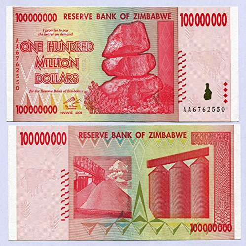 Zimbabwe 100 Million Dollars 2008 UNC, World inflation record, currency banknotes von Central Bank of Zimbabwe