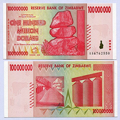 Zimbabwe 100 Million Dollars 2008 UNC, World inflation record, currency banknotes von Central Bank of Zimbabwe