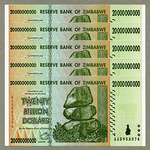 Zimbabwe 20 Billion Dollars x 5 pcs 2008 P86 Consecutive UNC Currency Bills von Central Bank of Zimbabwe