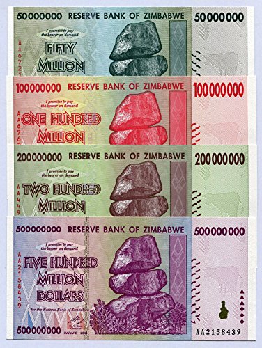 Zimbabwe 50 100 200 500 Million Dollars 2008 P79-P82 UNC Currency Bills von Central Bank of Zimbabwe