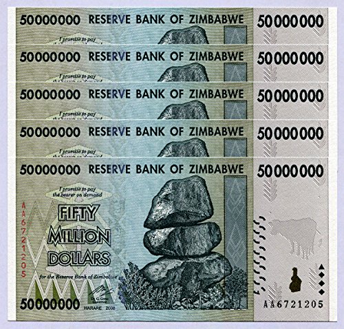 Zimbabwe 50 Million Dollars x 5 2008 UNC, World Inflation Record, Currency banknotes von Central Bank of Zimbabwe
