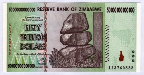 Zimbabwe 50 Trillion Dollar Note Bill Money Inflation Rekord Currency Simbabwe Geld Banknote von Central Bank of Zimbabwe